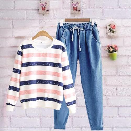 Foto Produk Damai fashion jakarta - Baju sweater setelan wanita CUTE STRIPE dari LV.co Tanah abang