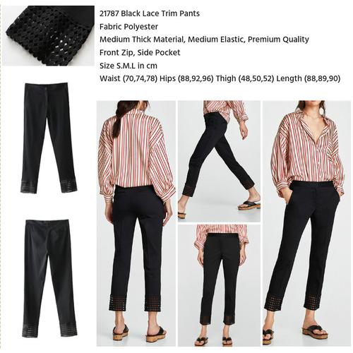 21787 Black Lace Trim Pants - Hitam 