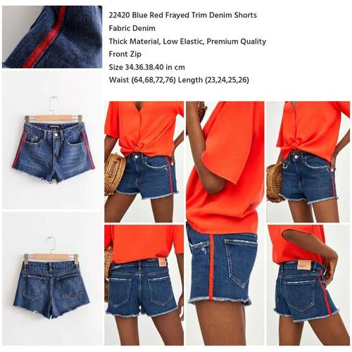 Blue Red Frayed Trim Denim Shorts 