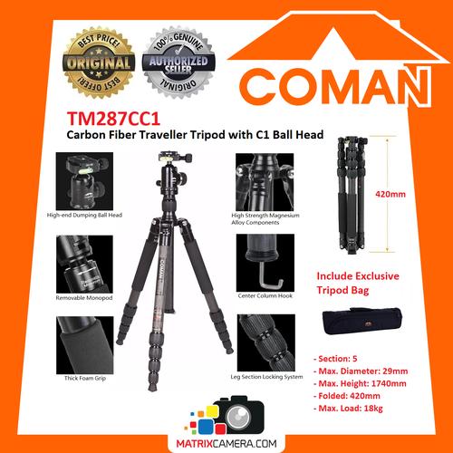 Promo COMAN TM287CC1 CARBON FIBER Traveller Tripod with C1 Ball Head