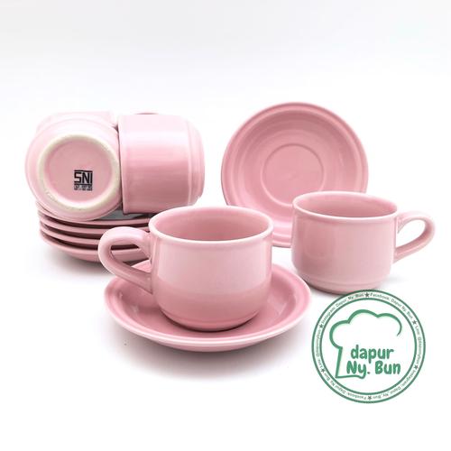 Foto Produk 6 Pasang Cangkir Set / Cangkir + Saucer Nikura / Cangkir Teh / Cangkir - Merah Muda dari Dapur Ny.Bun