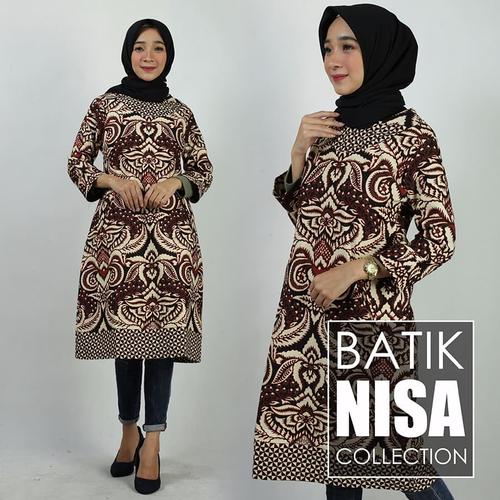 Foto Produk Baju Batik Dress Terusan Wanita Daun Coklat Katun Cap Etnik - Cokelat, XXL dari Batik Nisa Colection