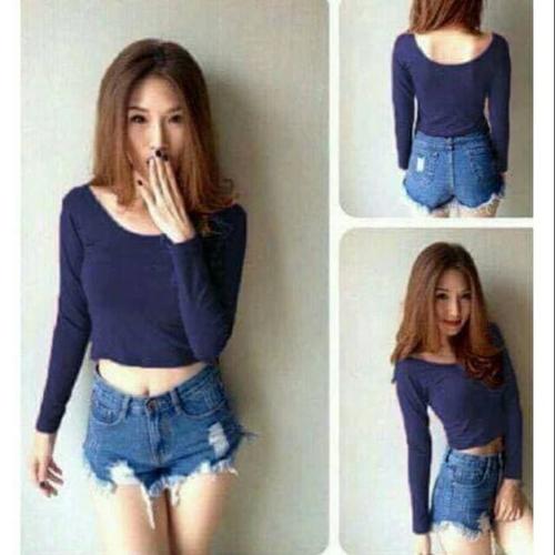 Foto Produk Atasan Baju Wanita Crop Top Crop PJ Long Sleeve Bahan Spandex - Hitam dari unikdanmurah