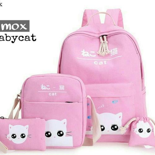 Foto Produk Tas Backpack Wanita Model Babycat Set 4in1 - Hitam dari KebunKoe
