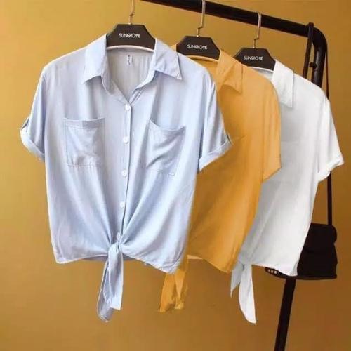 Jual Kemeja Wanita Kantong Depan Polos Putih Biru Putih Kab Cianjur Choba Chobi Tokopedia