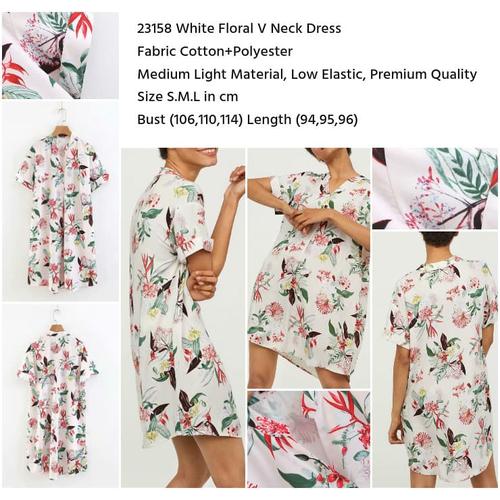Jual 23158 - White Floral V Neck Dress 