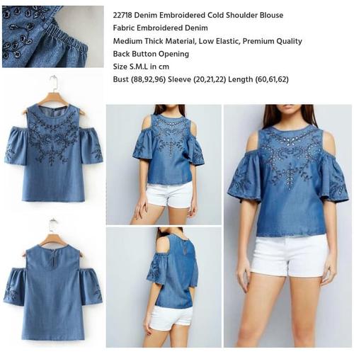 Jual Denim Embroidered Cold Shoulder 
