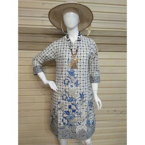 Foto Produk Dress Batik Terusan Wanita Katun Kawung Bunga Biru Cap Etnik - Titanium, XXL dari Batik Nisa Colection