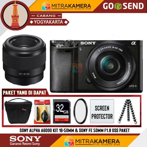 Foto Produk Sony Alpha A6000 Kit 16-50mm & Sony FE 50mm F1.8 OSS Paket dari mitrakamera jogja