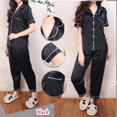 Foto Produk SATIN CP PIYAMA BAJU TIDUR WANIAT DEWASA CELANA PANJANG LENGAN PENDEK - Hitam dari FortKlass