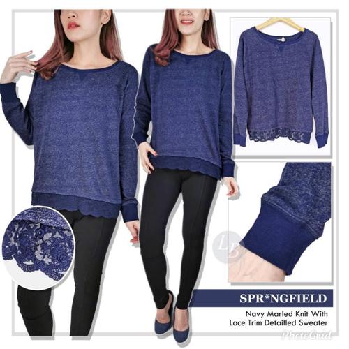 Foto Produk LK38 Springfield navy marled knit with Lace trim detailed sweater - Navy, M dari L ' N shop