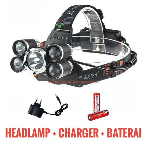 Foto Produk PAKET KOMPLIT Senter kepala 5 LED / Headlamp Cree XML T6 4XPE dari Sungai Kuning
