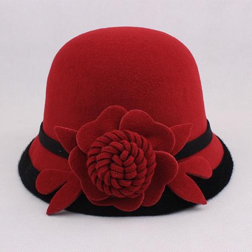 Woolen Bowler Hat Flower Ethnic Bucket 