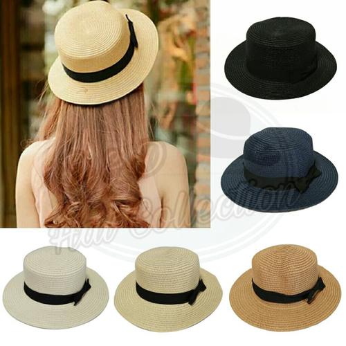 Foto Produk Topi Boater Import Topi Pantai Wanita Straw Hat Pita Hitam dari D & D Hat Collection