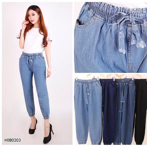 Foto Produk Celana Panjang Wanita Pinggang Karet Model Jogger Jeans Cewek - Dongker, All Size dari Glorious Jeans