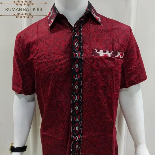 Foto Produk Kemeja Batik Pria Lengan Pendek Murah Baju Batik Cowok Simple - Merah, XL dari RUMAH BATIK 88