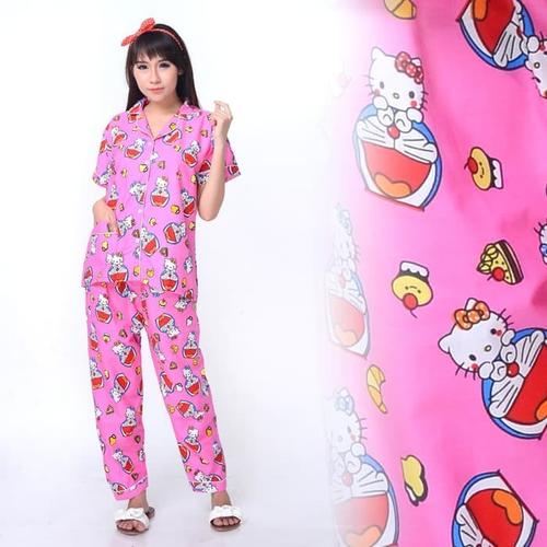 Foto Produk ASIAfashion Piyama Wanita / Baju Tidur Doraemon & Hello Kitty CP - Biru Muda dari ASIA.fashion