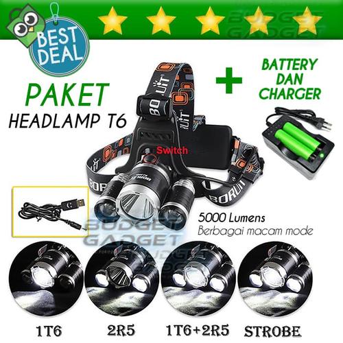 Foto Produk PAKET HEMAT Lampu Kepala T6 High Power Headlamp + 2 BATERAI + CHARGER dari BudgetGadget