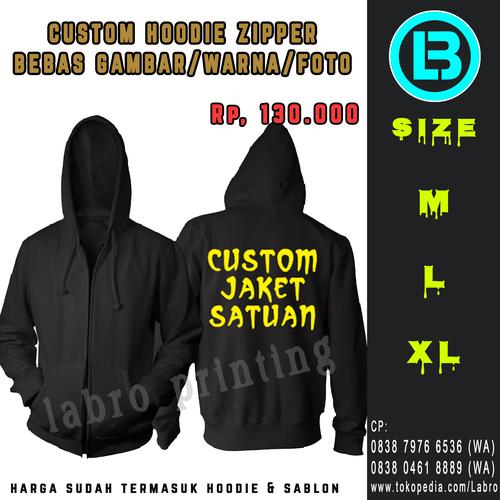 Foto Produk Sablon Jaket Hoodie Zipper Custom bebas warna satu sisi - L, Hitam dari LABRO PRINTING