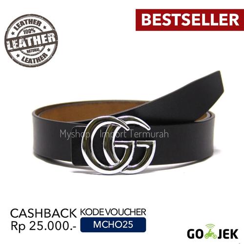 Foto Produk Gesper Sabuk Ikat Pinggang Kulit Asli Pria Cowo GG Silver dari Toko Import Termurah