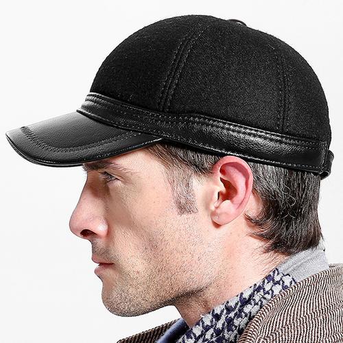 Men Winter Warm PU Woolen Baseball Cap 