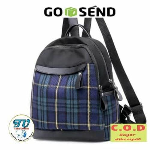 Gambar Tas rangsel wanita import desain mochila motif kotak-kotak biru dari toko ummie Kab. Bekasi Tokopedia