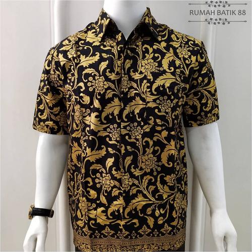 Foto Produk Kemeja Batik Pria Lengan Pendek Murah Baju Batik Cowok Motif - Hitam Emas, M dari RUMAH BATIK 88