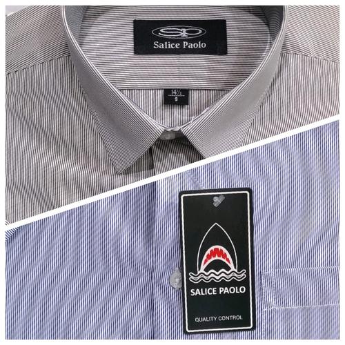 Foto Produk Kemeja Pria Salice Paolo Reguler Pendek Salur Stripe Tipis Abu Biru - Abu-abu, L dari Mega Hero Shirts