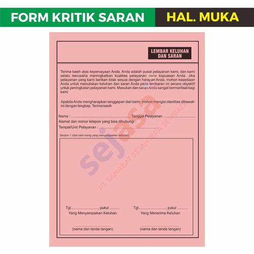 Foto Produk Form Saran dan Kritik / Lembar Saran Keluhan Pelanggan dari Syafana