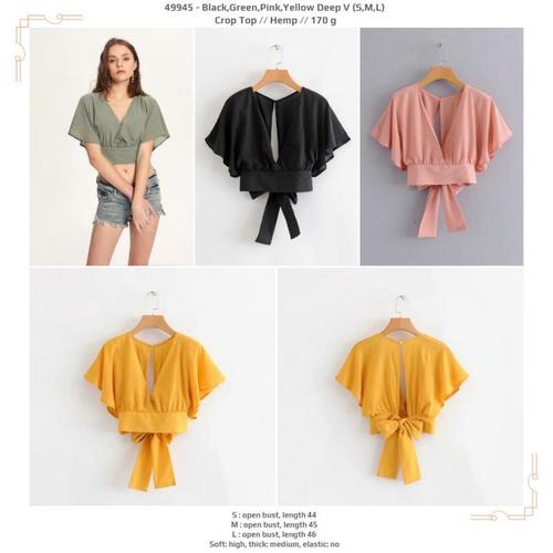 Foto Produk 49945 Deep V Crop Top / Blouse Crop Hitam Hijau Pink Kuning dari XineShop