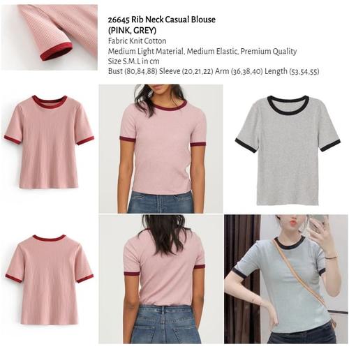 Rib Neck Casual Blouse (PINK,GRAY size 