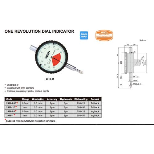 Jual One Revolution Dial Indicator Range 1mm, lug back Insize 2316-1 ...