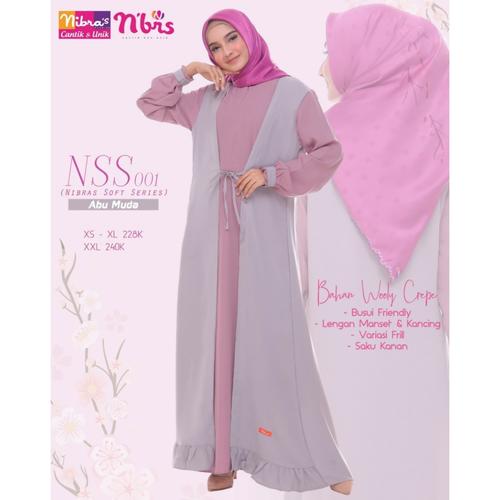 Foto Produk Gamis Ori Nibras NSS 01 - Gamis nibras terbaru soft variasi frill - Dusty Blue, XL dari SNJ UKHTIMUNIRA