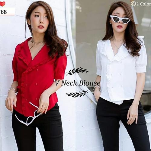 Jual KODE : 768 Vneck Blouse - Putih 