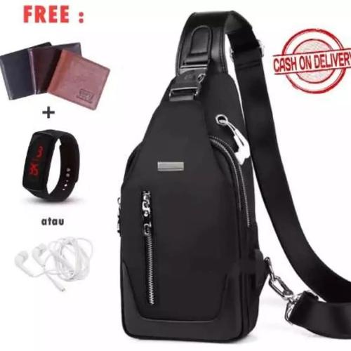 Foto Produk Tas Selempang Bahu Pria / Sling Bag / Leo Black/Navy (Free Dompet) - Hitam dari Rits.Collection