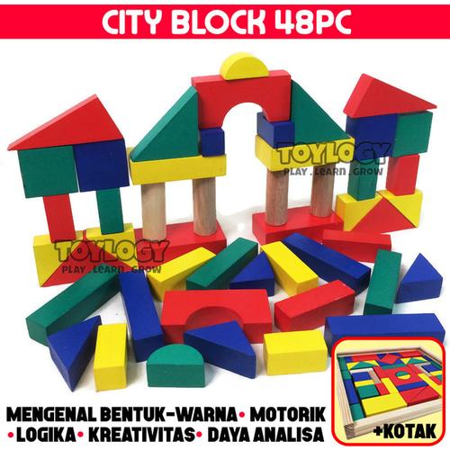 Foto Produk Mainan Edukasi Anak City Block Kayu Balok Warna Susun Blok Bangun Box dari Toylogy