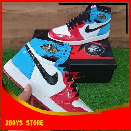 red white and blue high top nikes