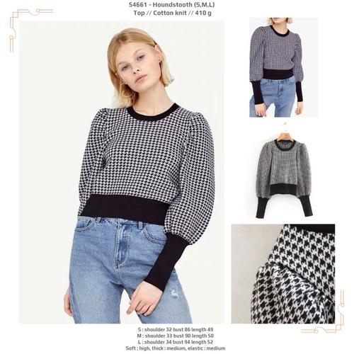 Foto Produk 54661 Houndstooth Top / Blouse Kotak Hitam Putih Lengan Panjang dari XineShop