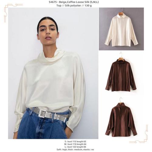 Foto Produk 54675 Beige Coffee Loose Silk Top / Blouse Krem Cokelat Lengan Panjang dari XineShop