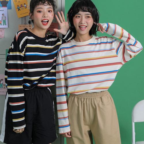 Jual Promo Kaos T Shirt Model Longgar Lengan Panjang Motif Garis Pelangi Jakarta Pusat Pakaian Wanita Keren Tokopedia
