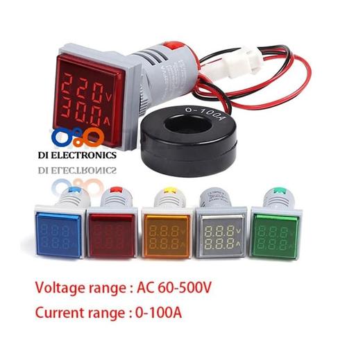 Jual 22mm 2in1 Square Pilot Lamp Volt Ampere Meter AC Voltage Current ...