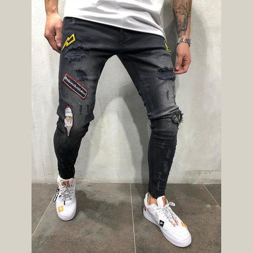 Jual Men Denim Ripped Hole Jeans Slim 
