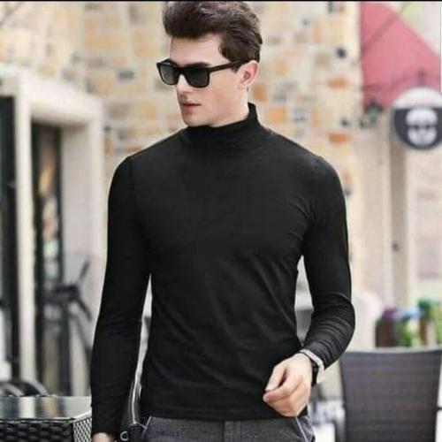 Foto Produk kaos kerah tinggi tangan panjang/baju hitam polos tangan panjang - Hitam, M dari WANT