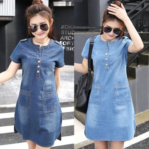 O-neck Short Sleeve Denim Dress Slim 
