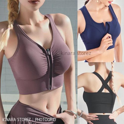Foto Produk bra sport zipper tali silang olahraga senam gym olahraga senam 653 - Hitam, L dari KINARA Storez