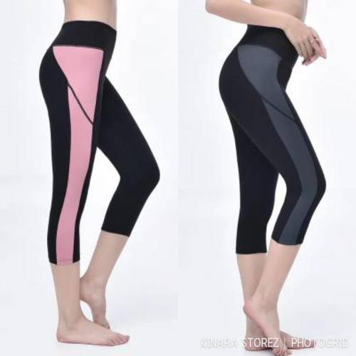 Foto Produk Celana sport legging capri pocket olahraga senam gym fitness L33 - Hitam Peach, L dari KINARA Storez