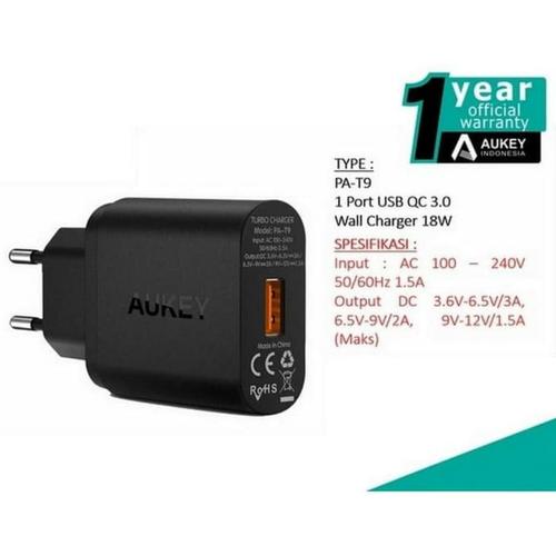 Foto Produk AUKEY PA-T9 CHARGER 1 PORT 18W QC 3.0 - Hitam dari Super Store