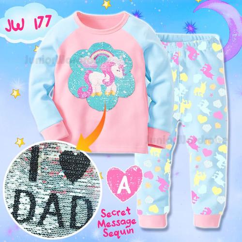 Foto Produk Baju Tidur Piyama Anak Perempuan JW 177 Flip Sequin Unicorn Biru Pink dari Tokonya Garin&Barra