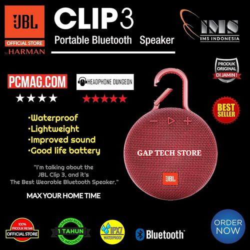 Foto Produk JBL Clip 3 / Clip3 Portable Waterproof Wireless Bluetooth Speakers - Fiesta Red dari GAP TECH STORE