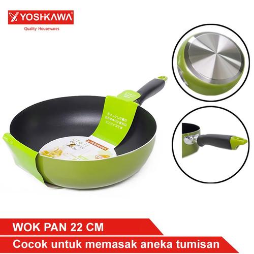 Foto Produk YOSHIKAWA Teflon/Wajan Tumis 22 CM Wok Pan EVL-CL-12-02 Hijau dari Extra Value Living
